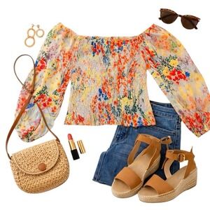 Anthropologie Rouen Smocked Floral Blouse Boho Crop Top Womens Small EUC Shirt
